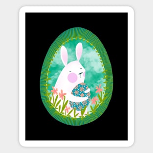 Cute white bunny with floral easter egg decoration on blue sky, version 4 Magnet